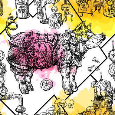 El vektör çizim steampunk domuz çekilmiş. Kroki tarzı drawi