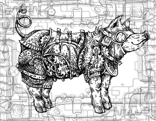 Porco steampunk illustrazione vettoriale disegnato a mano. Disegno stile disegno — Vettoriale Stock