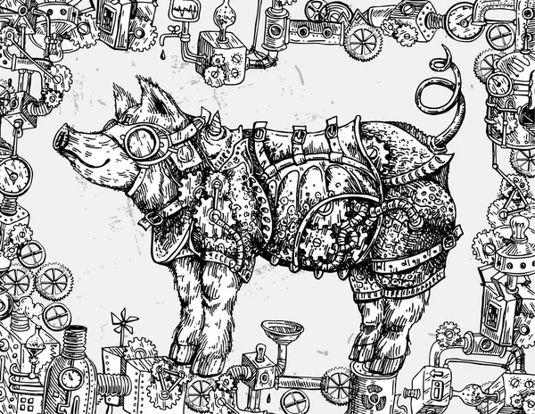 Vetor desenhado à mão ilustração steampunk porco. Desenho estilo drawi —  Vetores de Stock