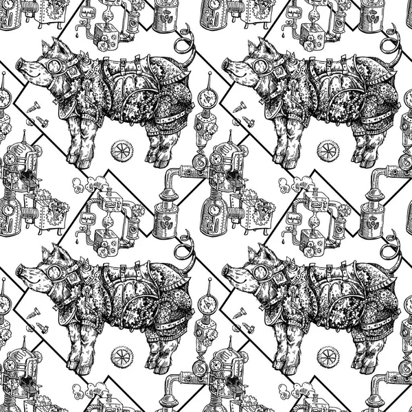 Dibujado Mano Vector Ilustración Steampunk Cerdo Dibujo Estilo Boceto Símbolo — Vector de stock