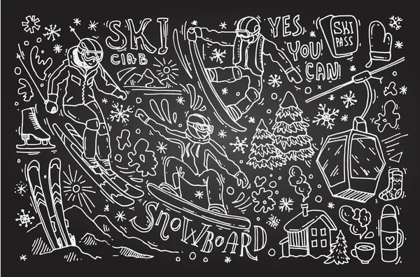 Vackra hand dras vektor illustration vintersport. Skidåkning en — Stock vektor