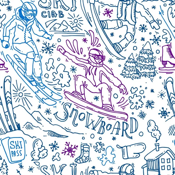 Mooie hand getekend vector naadloze patroon wintersport. Skiin — Stockvector