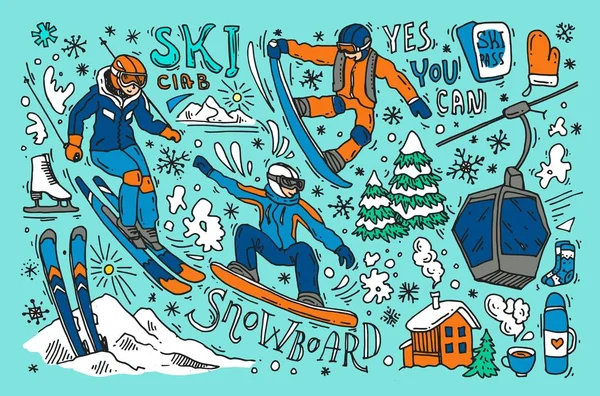 Mooie hand getekend vector illustratie wintersport. Skiën een — Stockvector