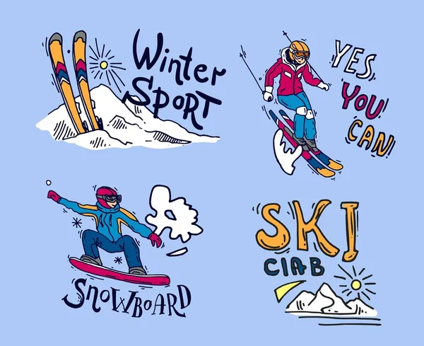 Schöne handgezeichnete Vektor-Embleme Wintersport. Skifahren und sno — Stockvektor