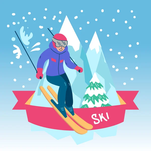 Hermosa ilustración vectorial plana actividades deportivas de invierno. Esquí — Vector de stock