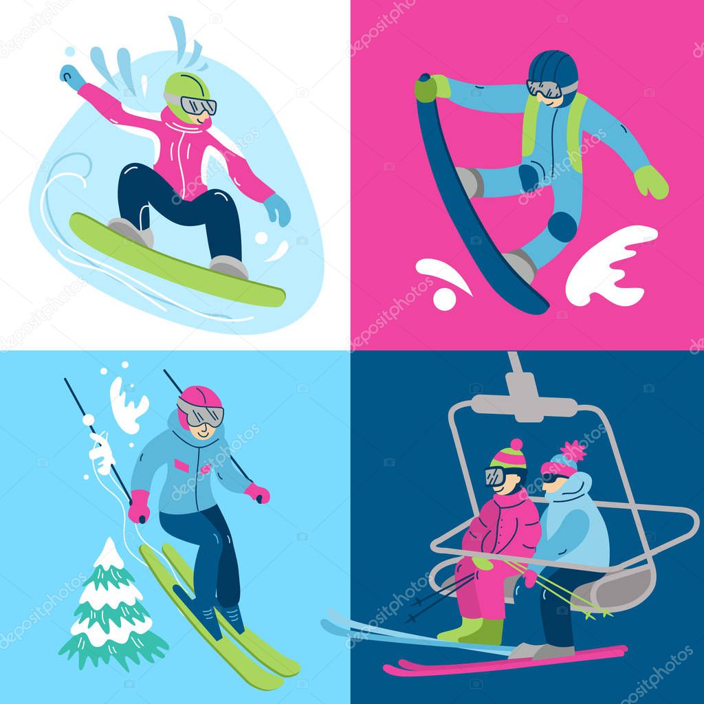 Beautiful vector illustration winter activities. Perfect for logotype of ski club, christmas sale and etc.