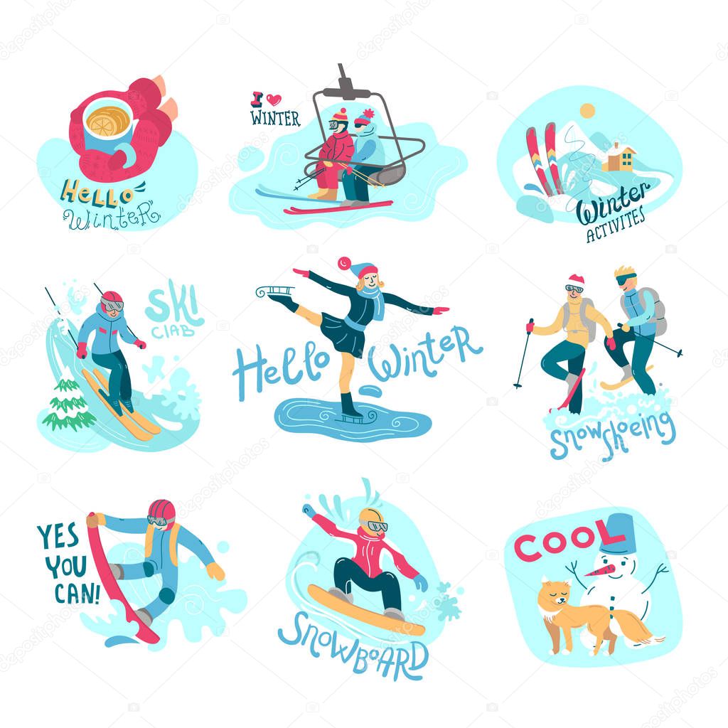 Beautiful vector illustration winter activities. Perfect for logotype of ski club, christmas sale and etc.