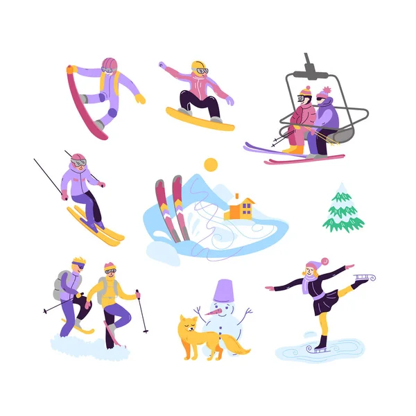 Bela ilustração vetorial clube de esqui. Esqui, snowboard e —  Vetores de Stock
