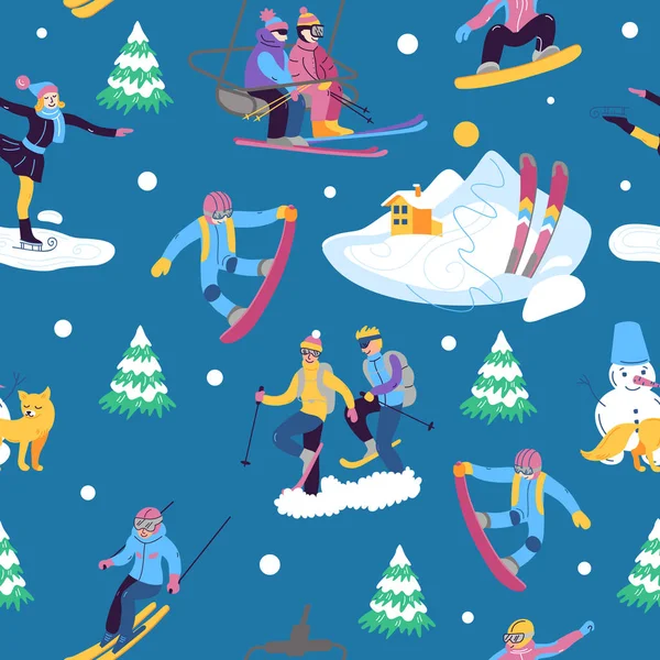 Mooie vector naadloze patroon met skiën, snowboarden, snowsh — Stockvector