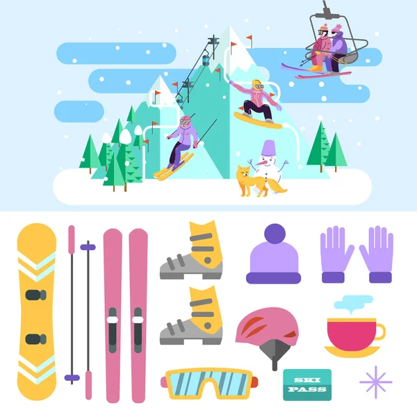 Vektor indah klub ski ilustrasi. Bermain ski, snowboarding dan - Stok Vektor