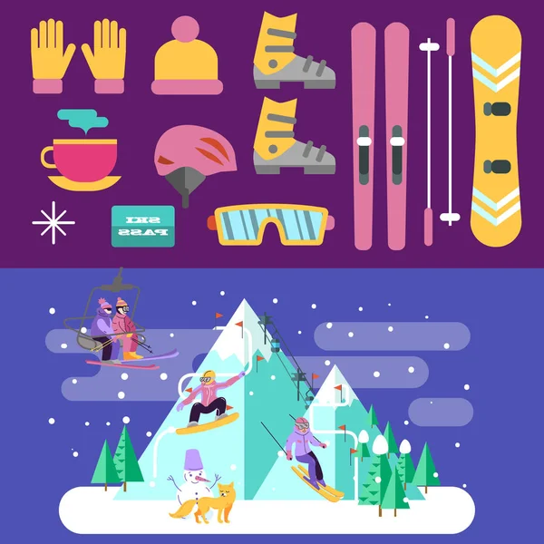 Hermoso vector ilustración club de esquí. Esquí, snowboard y — Vector de stock