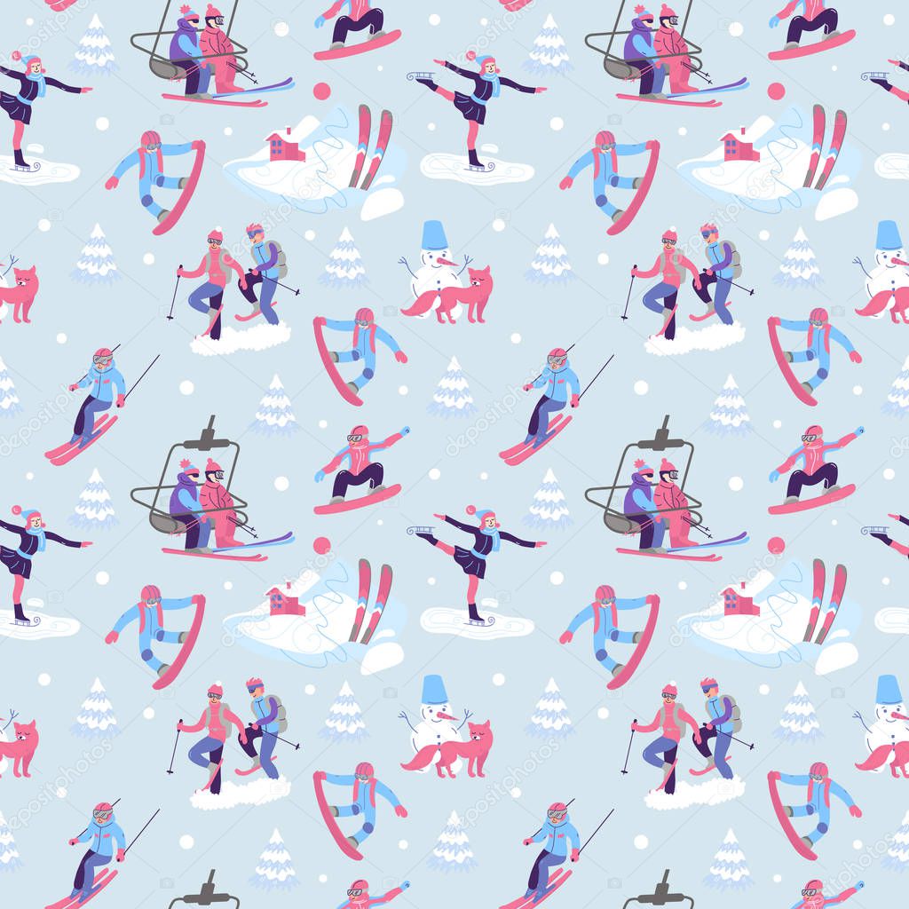 Beautiful vector seamless pattern with ski, snowboarding, snowshoeing and other winter activities. perfect for design of ski clubs