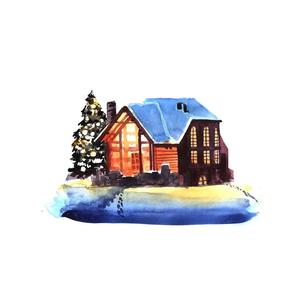 손으로 그린된 수채화 겨울 밤 풍경 하우스. — 스톡 사진