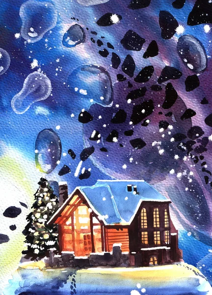 手描き水彩冬の家で夜の風景. — ストック写真