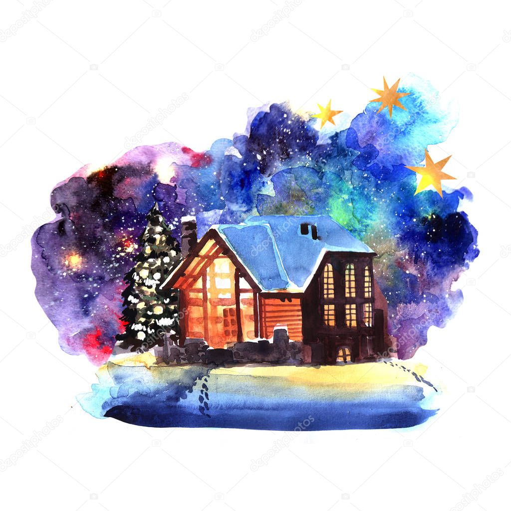 Hand drawn watercolor winter night landscape with house.