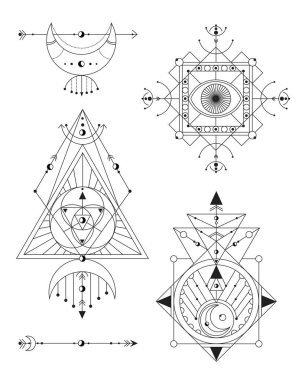 kutsal geometri vektör illüstrasyon siyah ve beyaz ayarlayın. Logo, yoga mat ve giysi tasarımı için iyi.