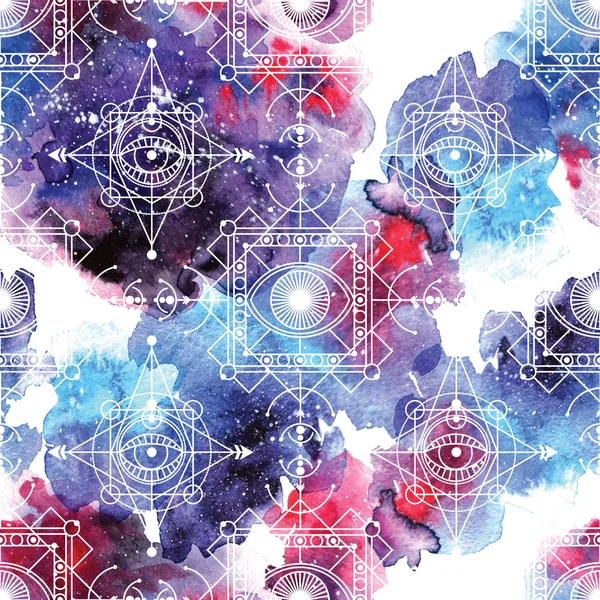 sacred geometry seamless pattern on watercolor space background.