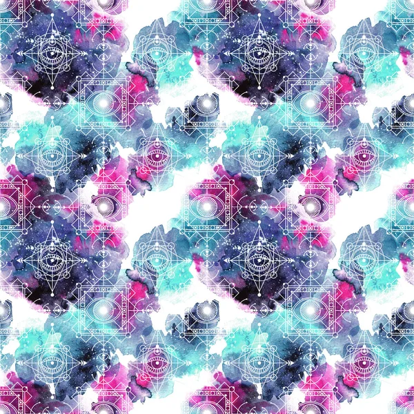 sacred geometry seamless pattern on watercolor space background.