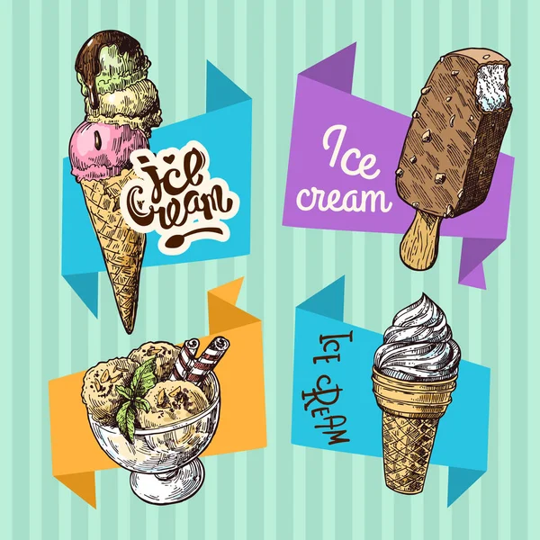 Ilustración de vectores de estilo de boceto de helado. Cartel dibujado a mano . — Vector de stock