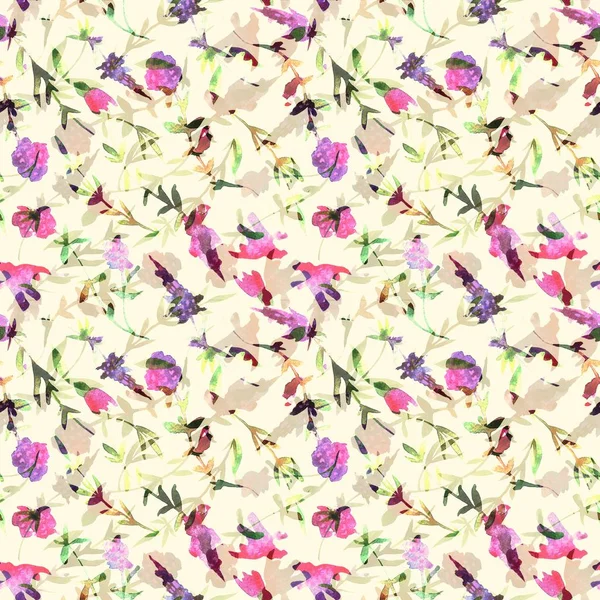 Blommig akvarell sömlösa mönster. Handmålat mönster med vildblommor timjan. — Stockfoto