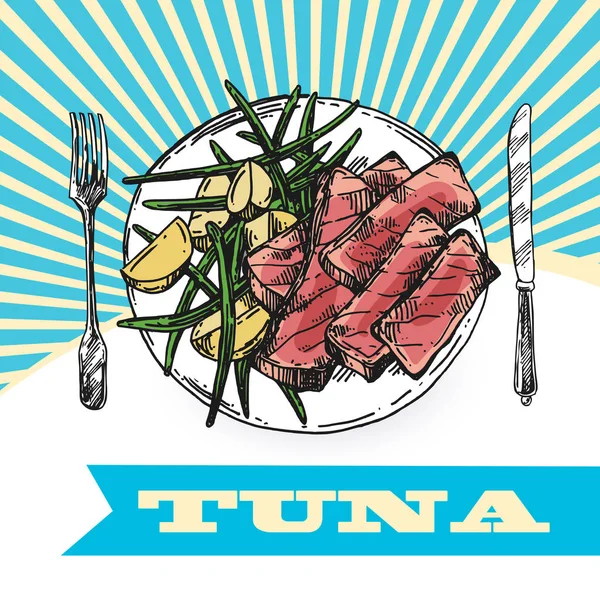 Thunfischskizze Vektor Illustration. Handgezeichnete Bilder mit Fischen. Essensillustration für die Speisekarte der Pflege. — Stockvektor