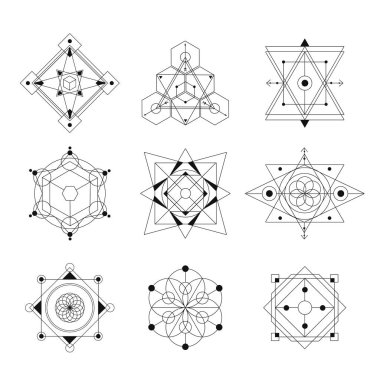 kutsal geometri vektör illüstrasyon siyah ve beyaz ayarlayın. Logo, yoga mat ve giysi tasarımı için iyi. Boho tarzı.