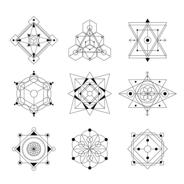 Geometría sagrada vector ilustración conjunto en blanco y negro. Bueno para el logotipo, el diseño de esterilla de yoga y ropa. Estilo boho . — Vector de stock