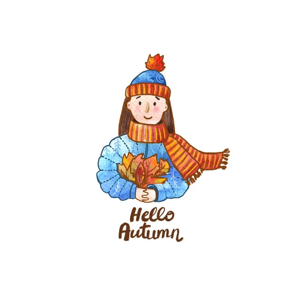 Autumn watercolor element. Cartoon style. Hello autumn.