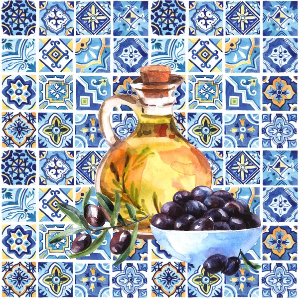 Hand drawn beautiful watercolor illustration olive oil.