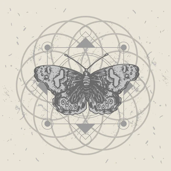 Farfalla e geometria sacra. Illustrazione del vettore disegnato a mano — Vettoriale Stock