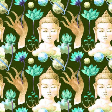 Buda suluboya kusursuz desen. El çizimi boho tarzı yoga malzemeleri..