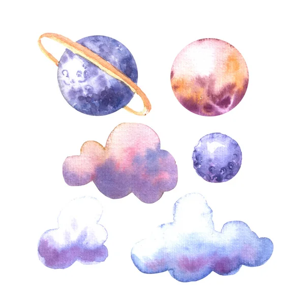 Nuvole Pianeti Acquerello Set Illustrazione Bella Disegnata Mano — Foto Stock