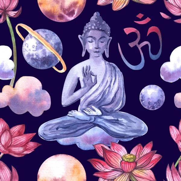 Buddha Akvarell Sömlöst Mönster Handritat Boho Stil Tryck För Yoga — Stockfoto