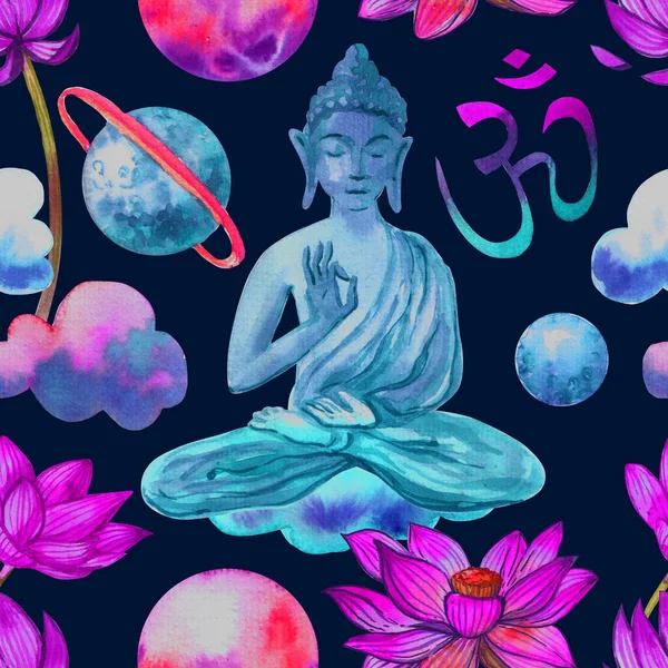 Buddha Akvarell Zökkenőmentes Minta Kézzel Rajzolt Boho Stílusú Nyomat Jóga — Stock Fotó