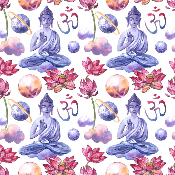 Buddha Aquarell Nahtlose Muster Handgezeichneter Boho Stil Druck Für Yoga — Stockfoto
