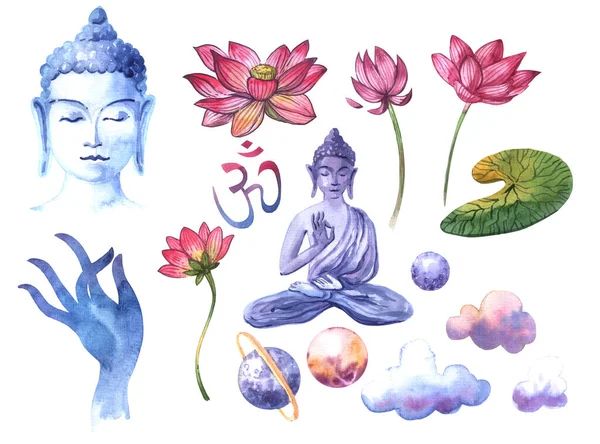 Buddha Akvarell Készlet Illusztráció Kézzel Rajzolt Boho Stílusú Nyomat Jóga — Stock Fotó