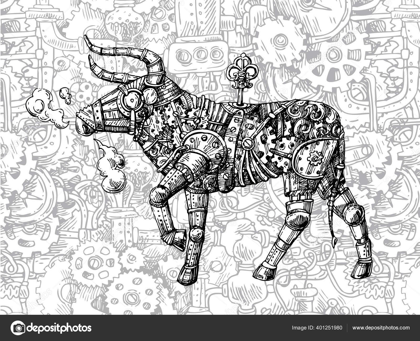 Ilustração Do Touro Mecânico Ilustração Stock - Ilustração de chifres, touro:  167062421
