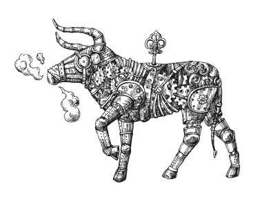 Mekanik boğa. El çizimi vektör steampunk hayvan