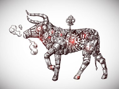 Mekanik boğa. El çizimi vektör steampunk hayvan