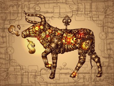 Mekanik boğa. El çizimi vektör steampunk hayvan
