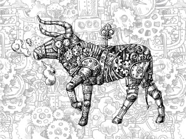 Mekanik boğa. El çizimi vektör steampunk hayvan