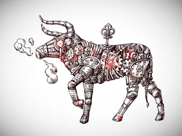 Toro mecánico. Vector dibujado a mano steampunk animal — Vector de stock