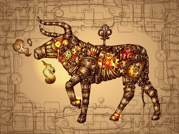 Toro mecánico. Vector dibujado a mano steampunk animal — Vector de stock