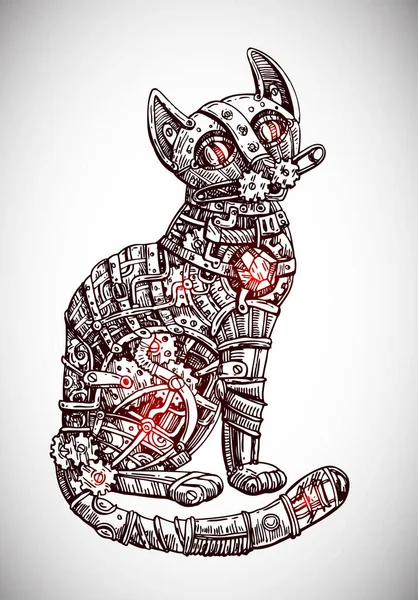 Mechanische Katze. Handgezeichnete Vektorillustration. — Stockvektor