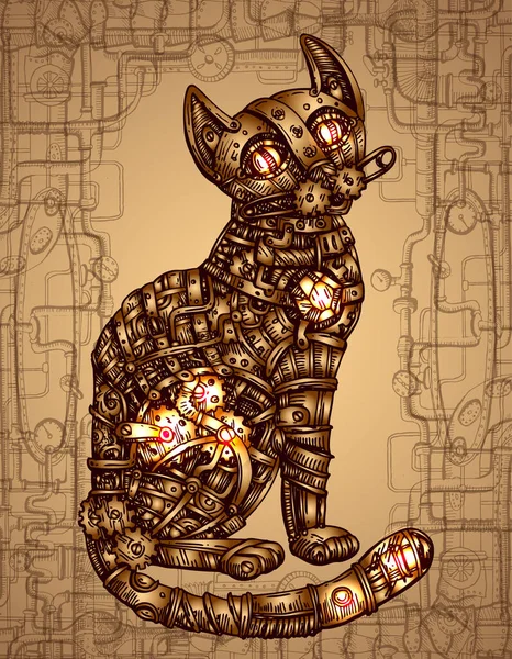 Mechanical cat. Hand drawn vector illustration. — Stock Vector