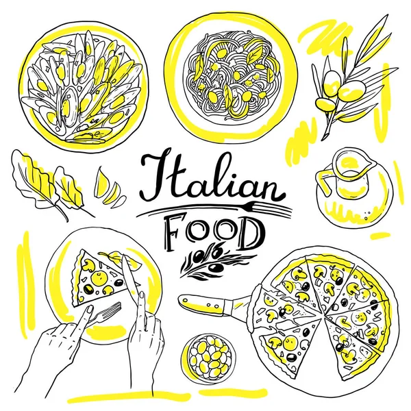 Comida italiana-juego de ilustración de dibujo a mano de alimentos — Archivo Imágenes Vectoriales
