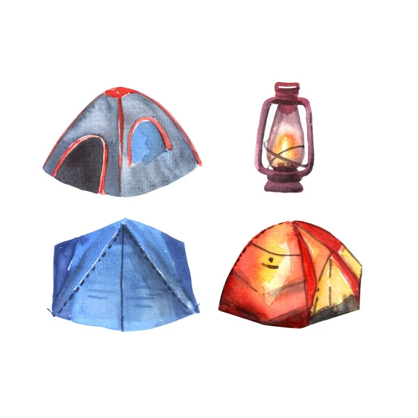 Палатка для палаток. Пешие прогулки в горах. Ручные рисунки акварелью. — стоковое фото