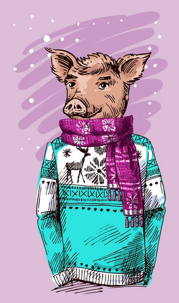 Schweinekostümierte Illustration. Handgezeichnetes humanisiertes Ferkel. — Stockvektor