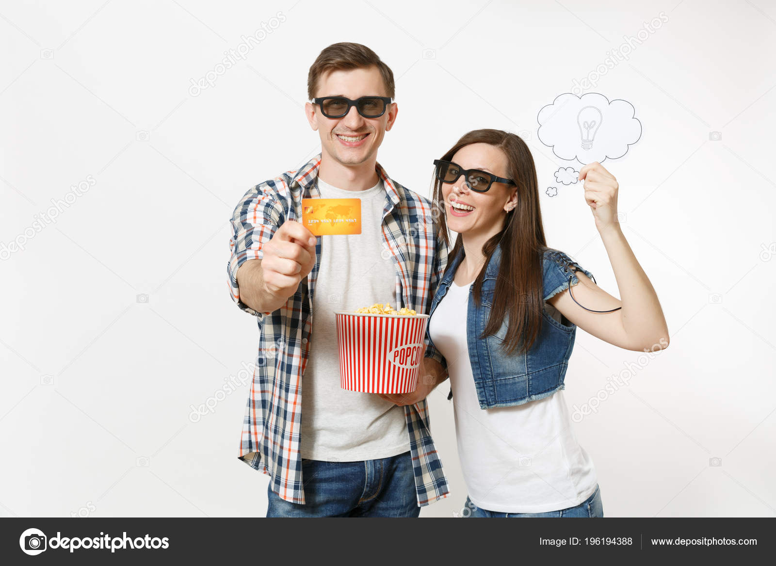 Молодая Пара Женщина Мужчина Очках Смотрят Фильм Свидании Держа.