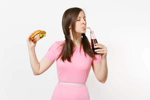 Teyp Hamburger Cola Cam Şişe Tutan Belden Ölçme Eğlenceli Genç — Stok fotoğraf